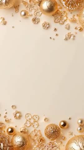 Vertical Slow-Motion Gold Ornaments Nudging Inward on Cream Backdrop Revealing Empty Center
