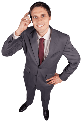 Happy Businessman Thinking on Transparent | Standing in Suit with Hand on Head