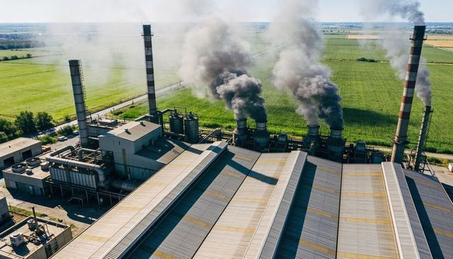 Aerial industrial plant emitting thick smoke over farmland highlighting air pollution impact