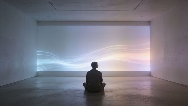 Man sitting cross-legged in minimal concrete gallery watching ambient led wave projection