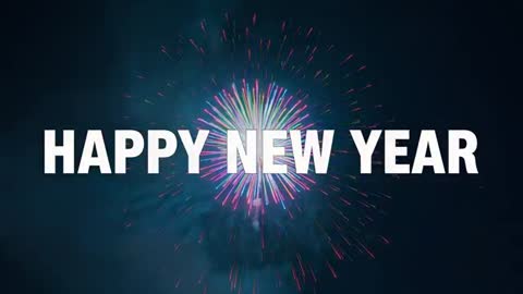 Bold HAPPY NEW YEAR Title Over Multicolor Fireworks Exploding in Night Sky Celebration
