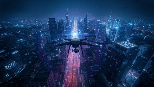 Drone Over Futuristic Neon Cityscape with Digital Roadway