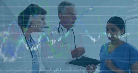 Medical Team Analyzing Data Chart in Hospital Corridor
