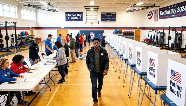 Election day 2024 voting line: voters registering and poll workers assisting in gym