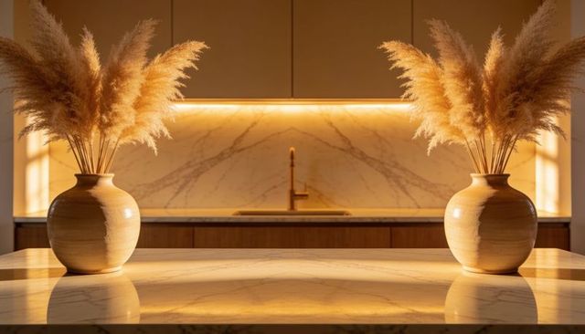 Symmetric minimalist kitchen featuring ceramic vases with pampas grass on marble island