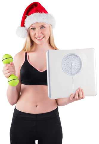 festive fitness: blonde model in santa hat with scale and dumbbell on transparent background - Download Free Stock Videos Pikwizard.com