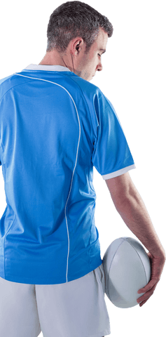 Back View Rugby Player Holding Ball on Transparent Background