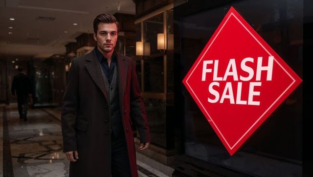 Stylish businessman in luxurious shopping mall with flash sale sign