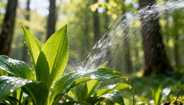 Backlit dew on vibrant green forest leaves with misty spray and sunlit bokeh