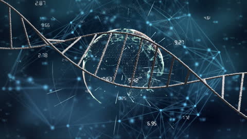 Spinning DNA Strand Against Digital Network Background