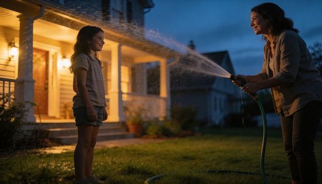 Evening backyard moment watering daughter with garden hose under warm porch light at dusk