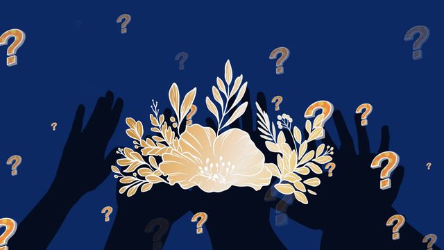 Silhouettes of hands raising amidst a stylized arrangement of flowers and scattered question marks on a deep blue background. Perfect for use in presentations on decision-making, problem-solving, or conceptual artwork related to questions and curiosity in global business.