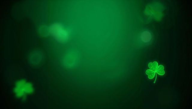 Neon shamrock glowing on dark green background with sparkling leaves and bokeh