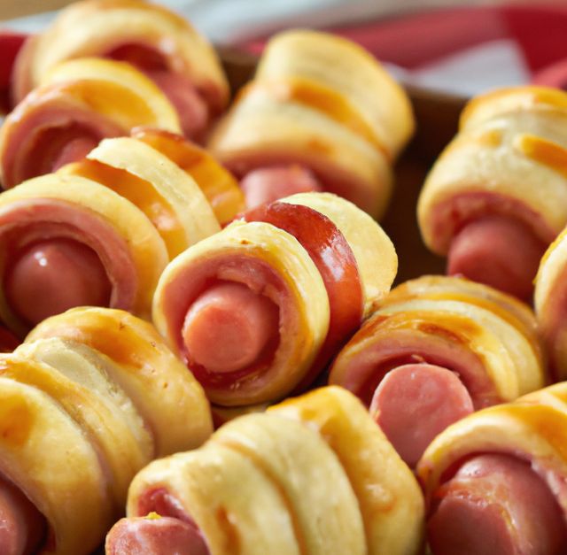 Delicious and crispy pigs in a blanket lie on a plate, ideal for finger food at a party. These appetizer delights can be used to promote culinary services, recipe books, food blogs, or party menu ideas.