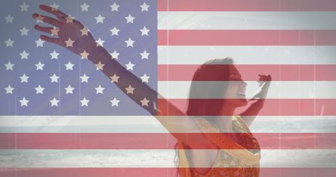 Joyful Woman Embracing Freedom on Beach with American Flag Overlay