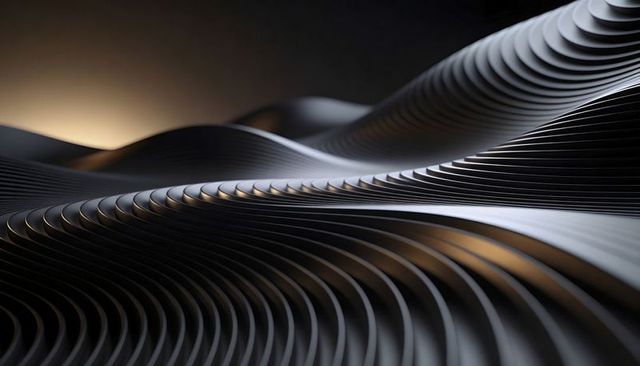 Metallic Wave Ribbons Forming Rhythmic Layered Curves with Warm Rim Light Abstract Art