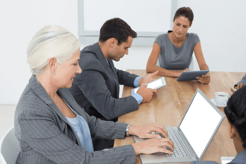 Transparent business meeting with diverse technology use