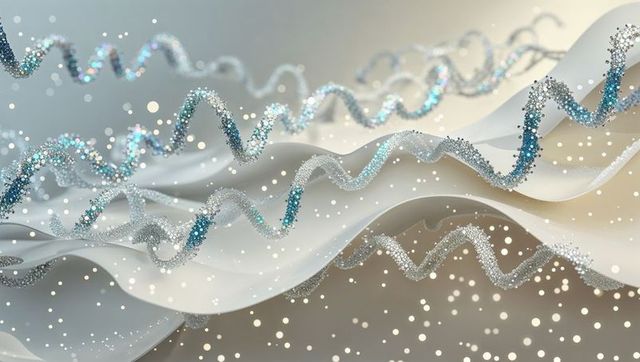 Futuristic digital art with translucent ribbons and particle spirals