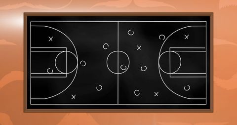 Chalk-drawn Basketball Strategy on Black Chalkboard
