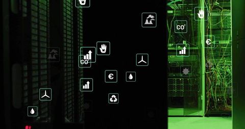Green-lit data center rack with dense cabling, blinking LEDs and energy analytics overlays