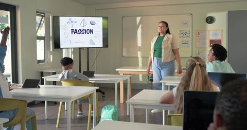 African American Teacher Leading Passion Presentation for Teen Students in Classroom