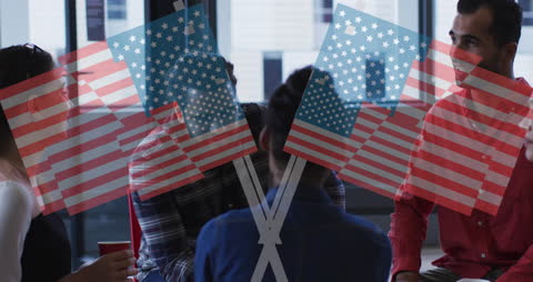 Diverse Business Meeting Animation with American Flags Overlay