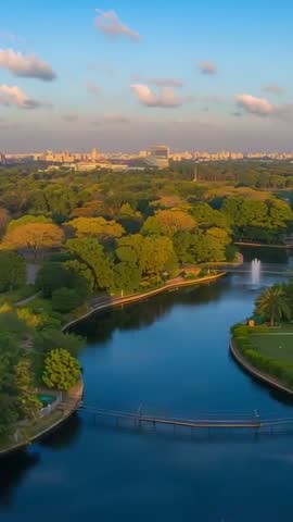 Vertical drone tilt revealing golden-hour park lake curve and fountain with city skyline