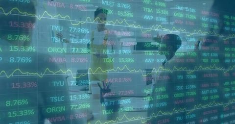 Business team collaborating around laptop with stock ticker overlay for financial strategy