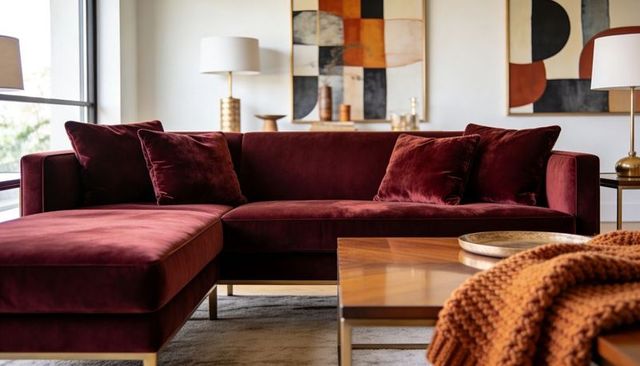 Burgundy velvet sectional with left chaise and brass accents, midcentury modern living room