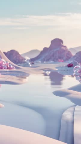 Panning over pastel dunes, revealing flowing stream and rolling translucent spheres