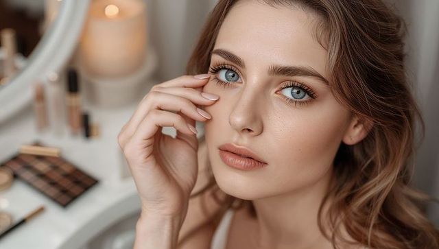 Applying natural makeup close-up portrait blue-eyed woman touching cheek at vanity