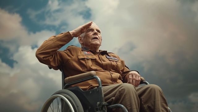 Senior Veteran Saluting Proudly in Wheelchair Under Clouded Sky
