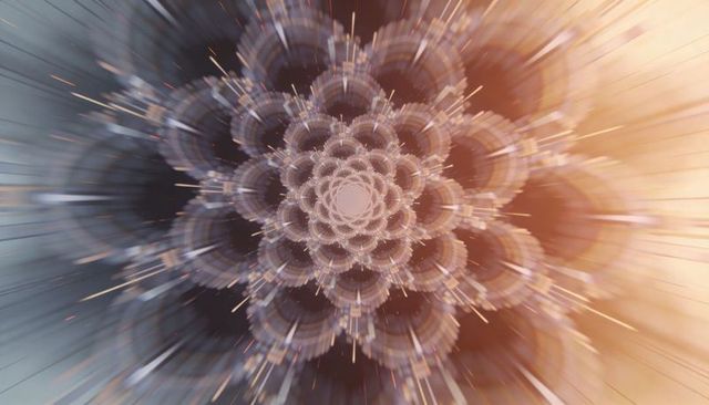 Radiant fractal mandala exploding outward with glowing nodes and motion blur energy