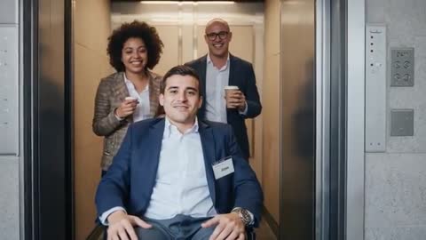 Smiling wheelchair user leading diverse business team into elevator with coffee and badges