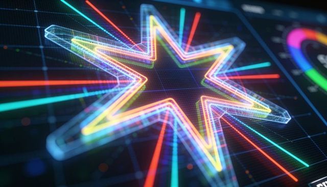 Holographic neon eight-point star over futuristic hud grid for tech and sci-fi visuals
