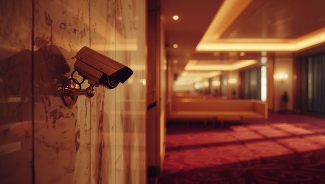 Elegant marble warehouse corridor with surveillance focus