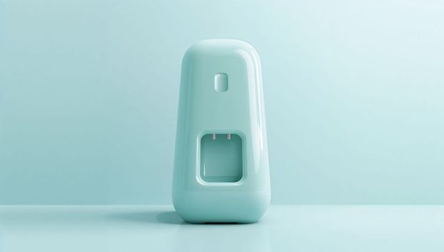 Mint smart home charger standing with oval sensor and metal prongs on glossy tabletop