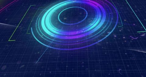 Futuristic Neon Holographic Interface with Glowing Concentric Rings and Digital Grid