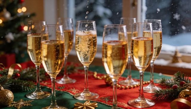Festive champagne toast with bubbles rising in flutes on holiday table by winter window