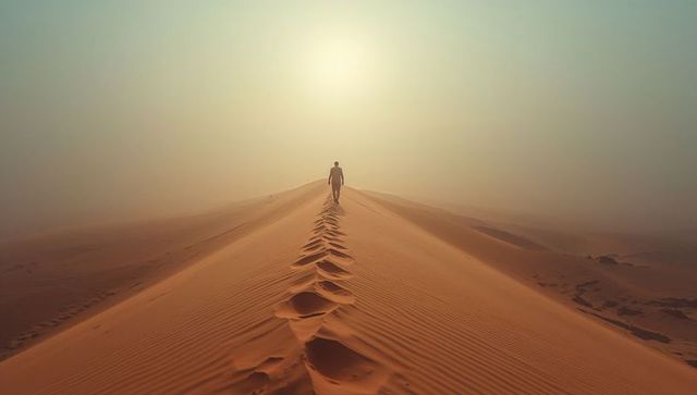Solitary figure walking on sunlit desert dune ridge