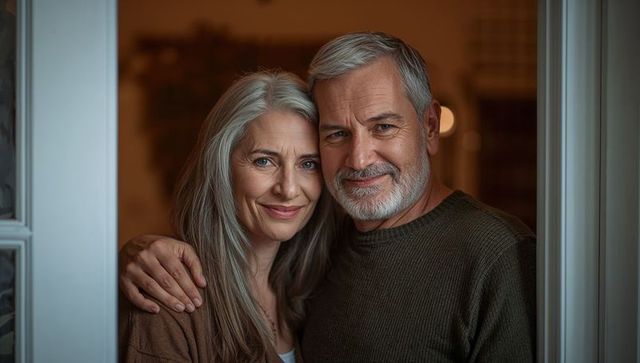 Smiling senior couple embracing in doorway, cozy home portrait conveying warmth and companionship