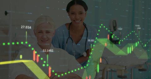Healthcare Professionals with Virtual Financial and Data Screen