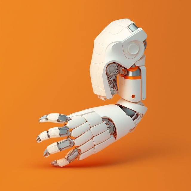 Image of cyber prosthetic of arm on orange background, created using generative ai technology. Cyber, prosthetics and future concept, digitally generated image.