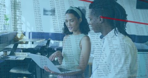 image shows business coworkers discussing and analyzing projected financial data in a modern office, reflecting teamwork and collaborative efforts in corporate settings. can be used in articles and marketing related to company meetings, strategic planning, finance industry trends, or business software technology.
