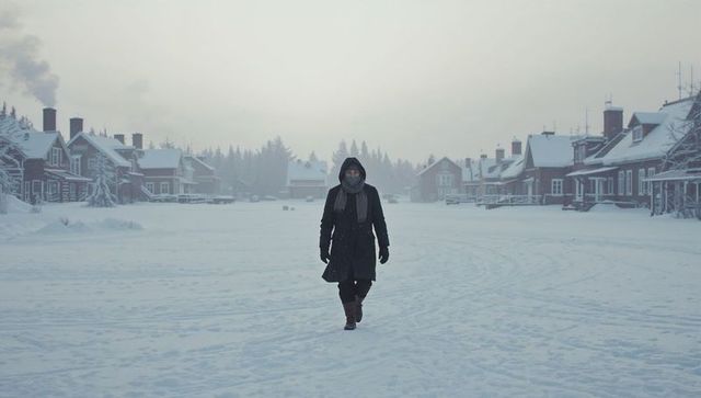 Solitary figure walking across snowfield between wooden village houses under overcast winter sky