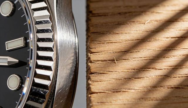 Watch bezel catching hard light on plywood edge, macro study of brushed steel and grain