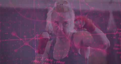 Female Boxer Training with Futuristic Overlay in Gym