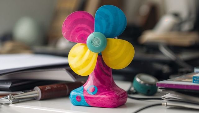 Colorful miniature desk fan spinning on cluttered workspace with notebooks and tools