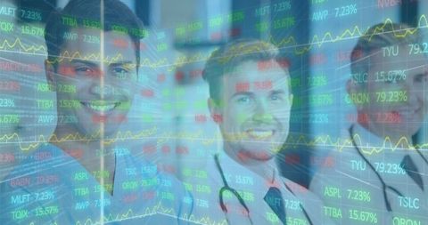 Diverse doctors interacting with virtual stock data interface