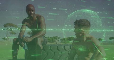 Athletes resting on sports field with data overlay graphics